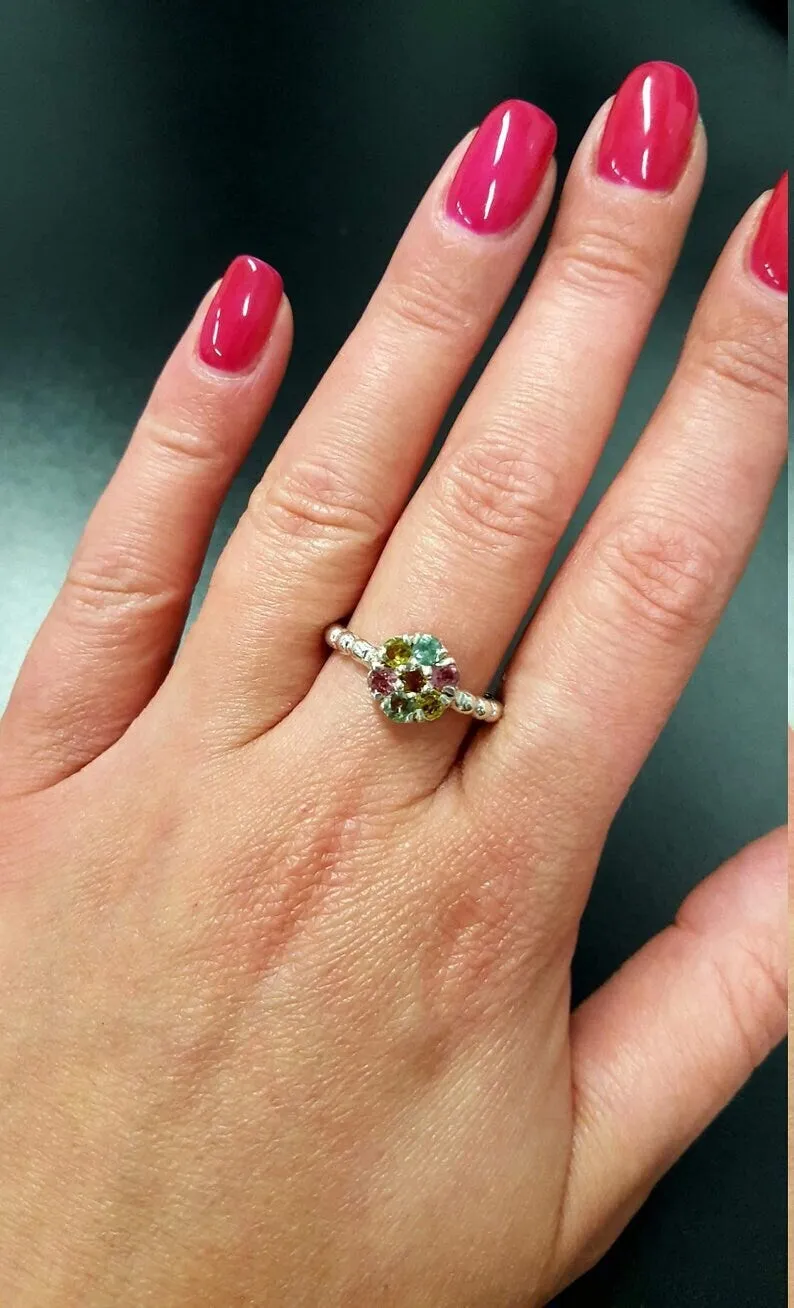 Pink Tourmaline Ring - Daisy Silver Ring - Pink Flower Ring