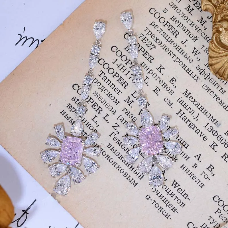 Pink Zircon 7*9mm Rectangle Ice Cut with Chain Annular Petals Silver Drop Earrings for Women