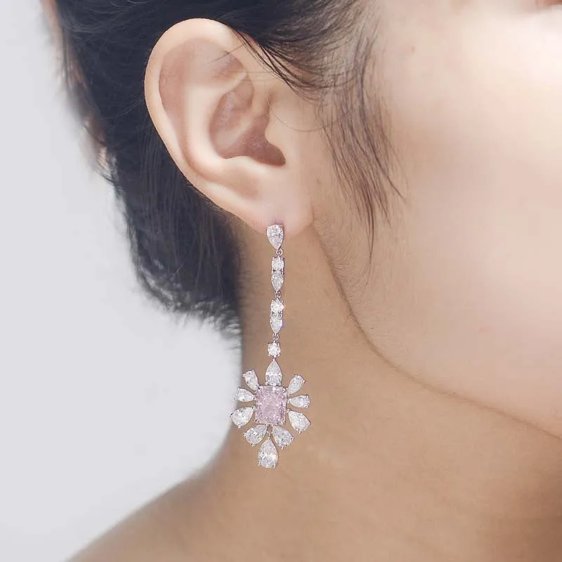 Pink Zircon 7*9mm Rectangle Ice Cut with Chain Annular Petals Silver Drop Earrings for Women