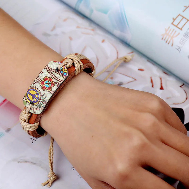Popular Ornament Hemp Rope Braided Leather Leather Bracelet Retro Style Heat Transfer Patch Peace Logo Leather Bracelet