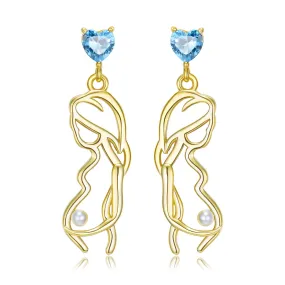 Pregnant Mother Heart Shape Blue Zircon Pearl Drop Earrings