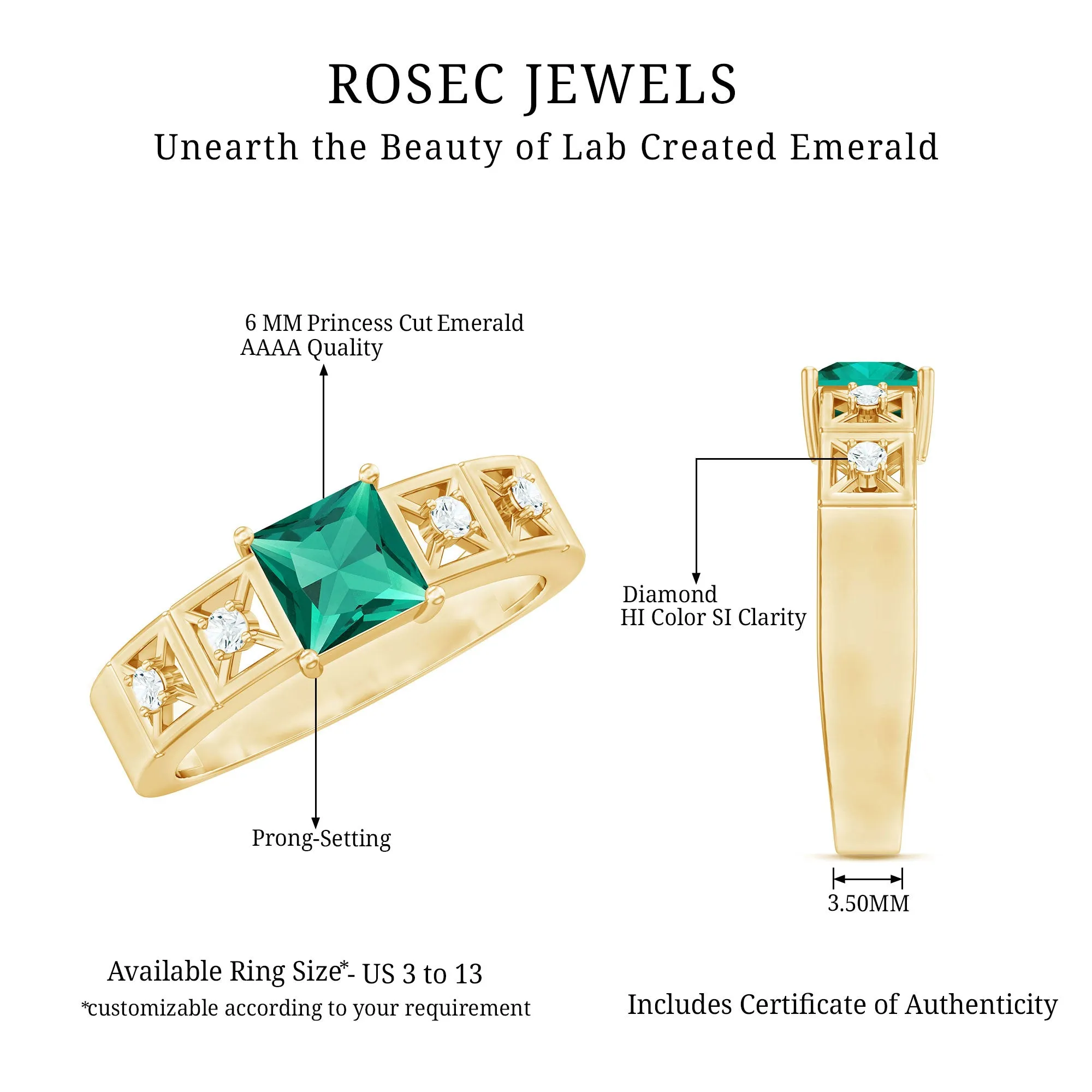 Princess Cut Lab Grown Emerald and Diamond Wedding Band Ring