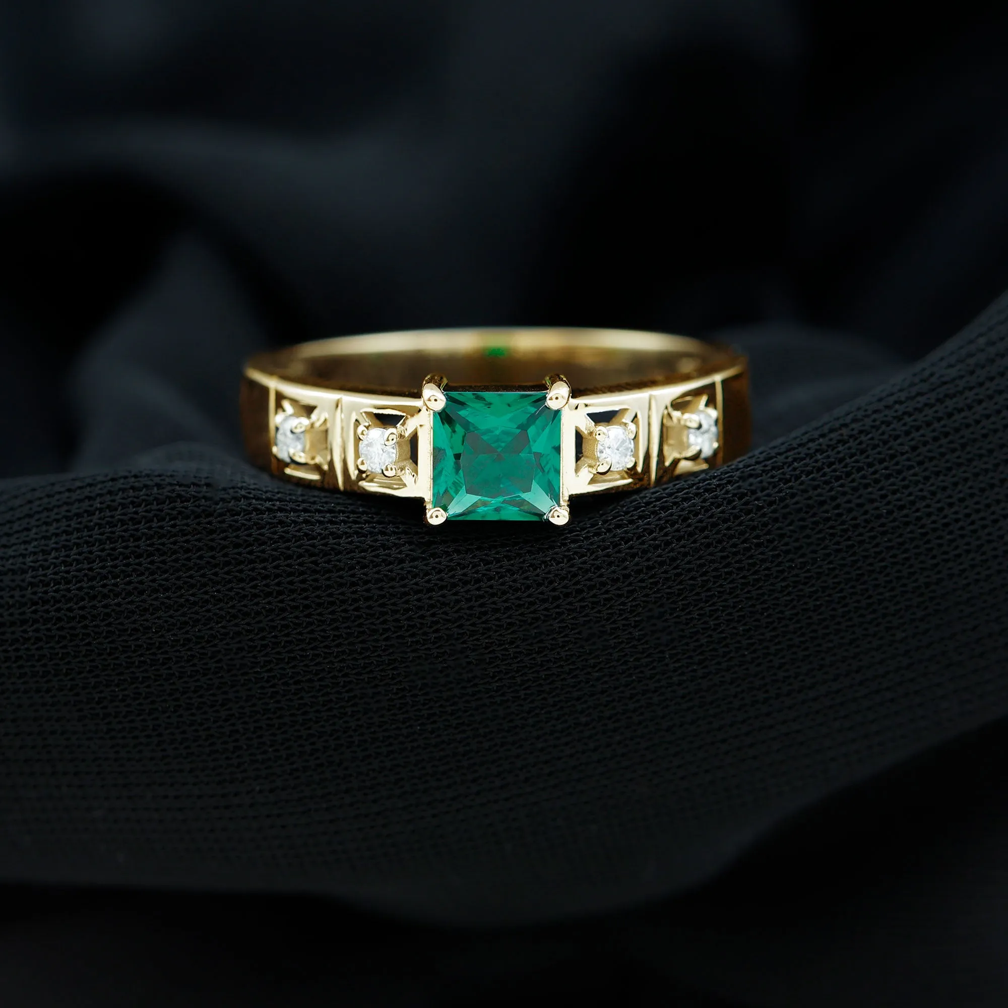 Princess Cut Lab Grown Emerald and Diamond Wedding Band Ring