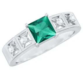 Princess Cut Lab Grown Emerald and Diamond Wedding Band Ring