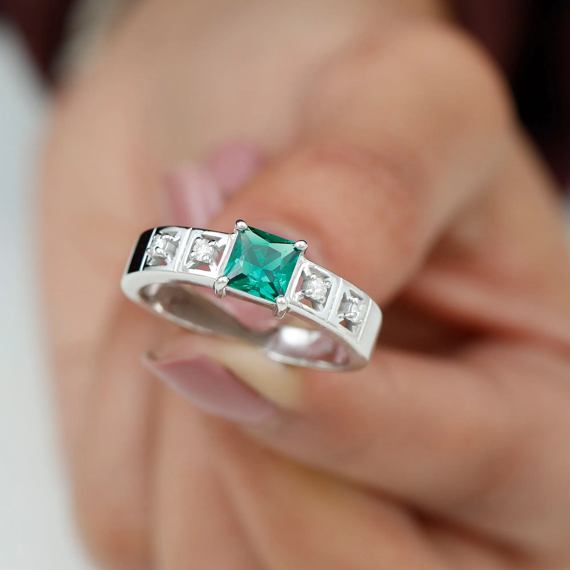 Princess Cut Lab Grown Emerald and Diamond Wedding Band Ring
