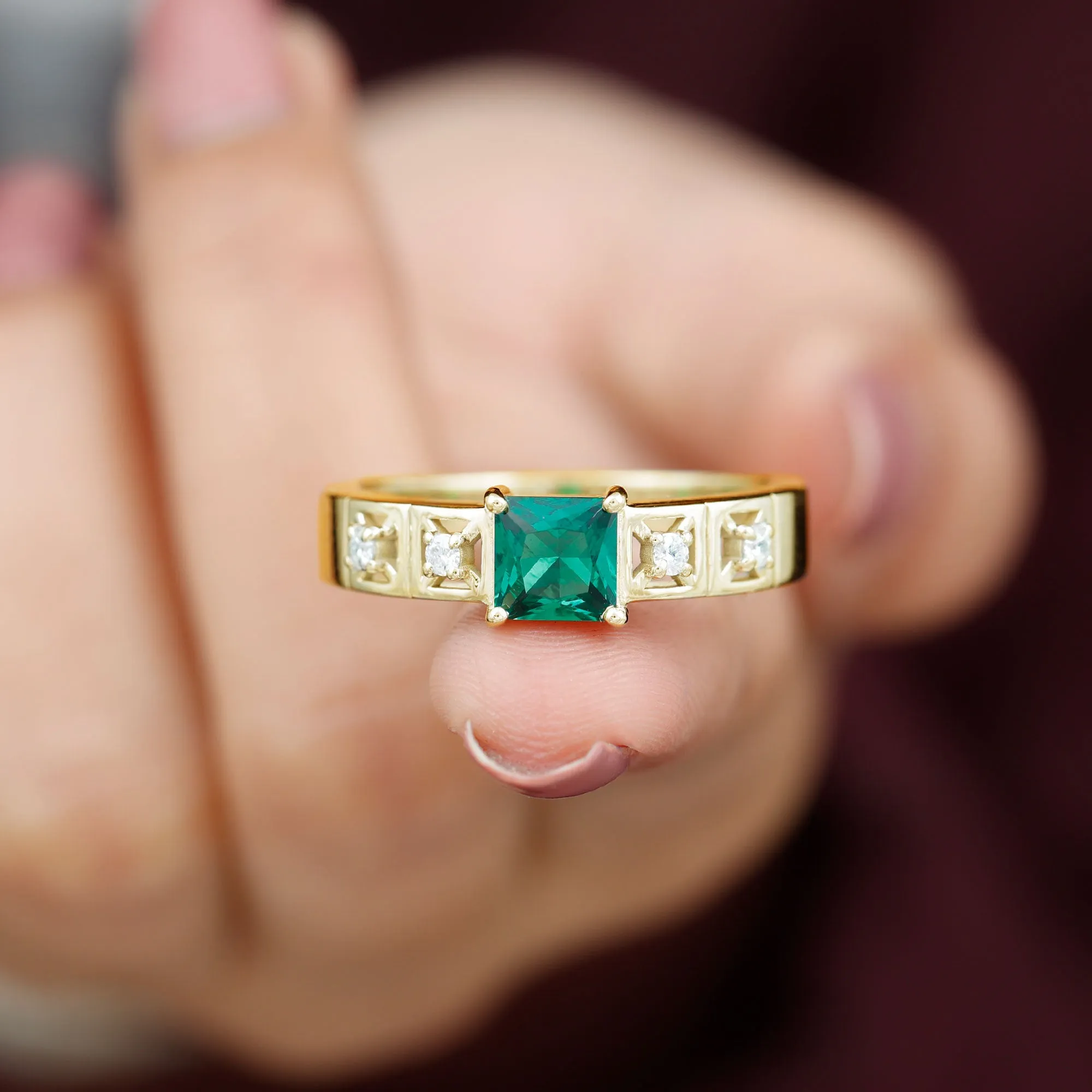 Princess Cut Lab Grown Emerald and Diamond Wedding Band Ring