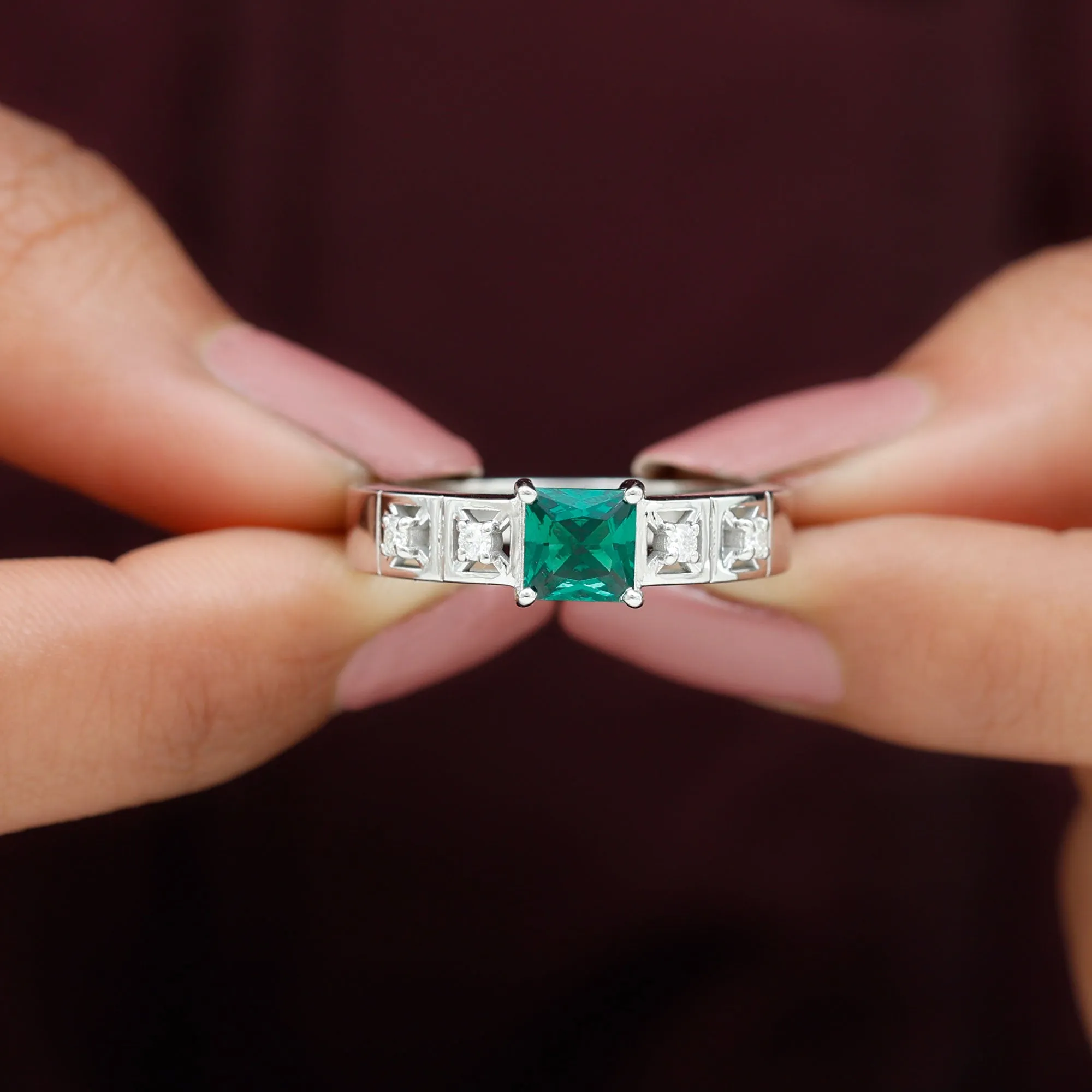 Princess Cut Lab Grown Emerald and Diamond Wedding Band Ring
