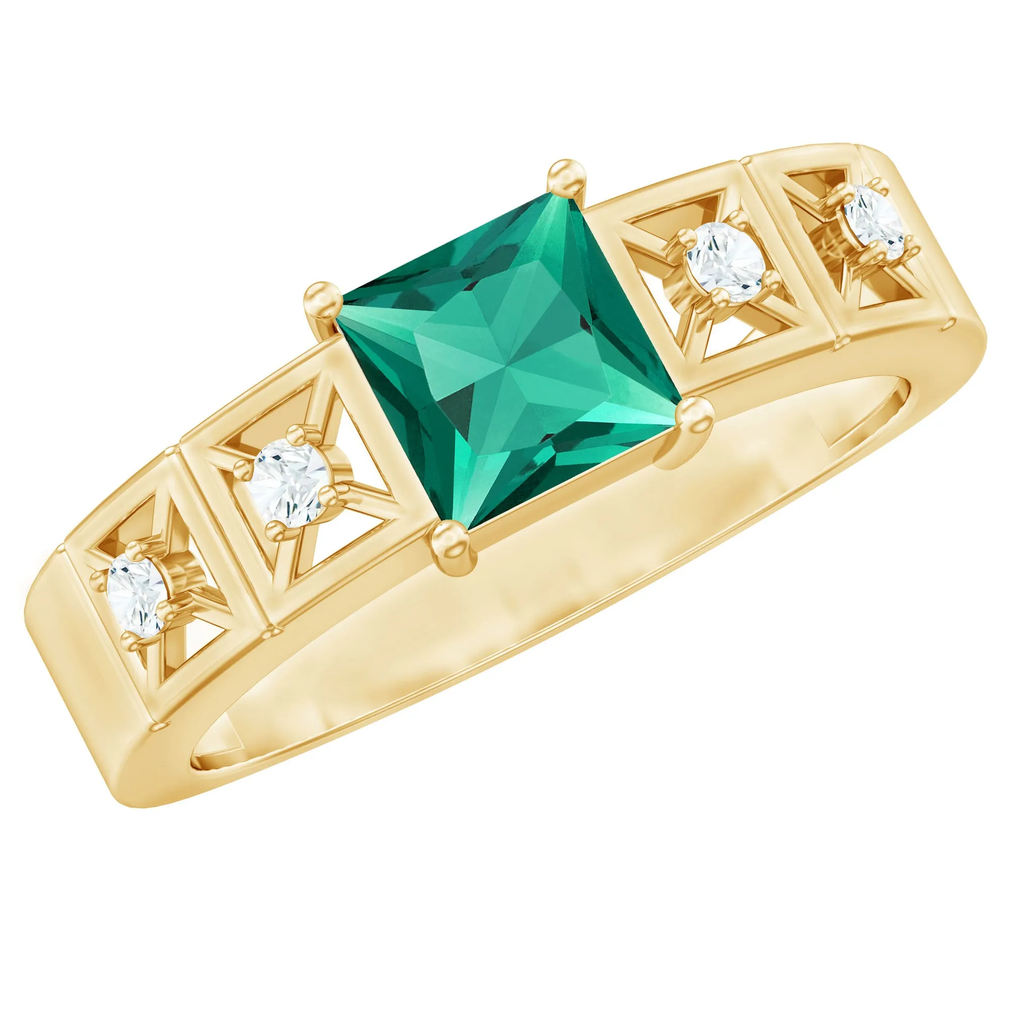 Princess Cut Lab Grown Emerald and Diamond Wedding Band Ring