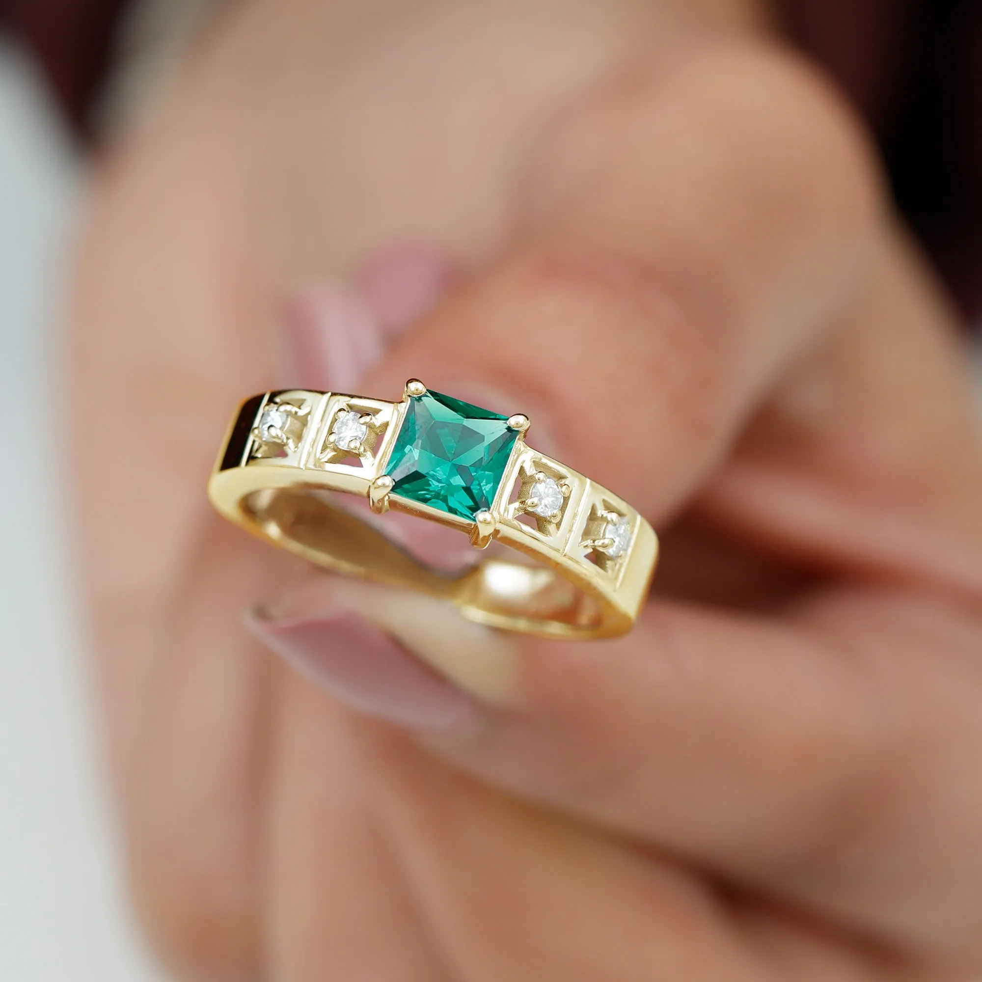 Princess Cut Lab Grown Emerald and Diamond Wedding Band Ring