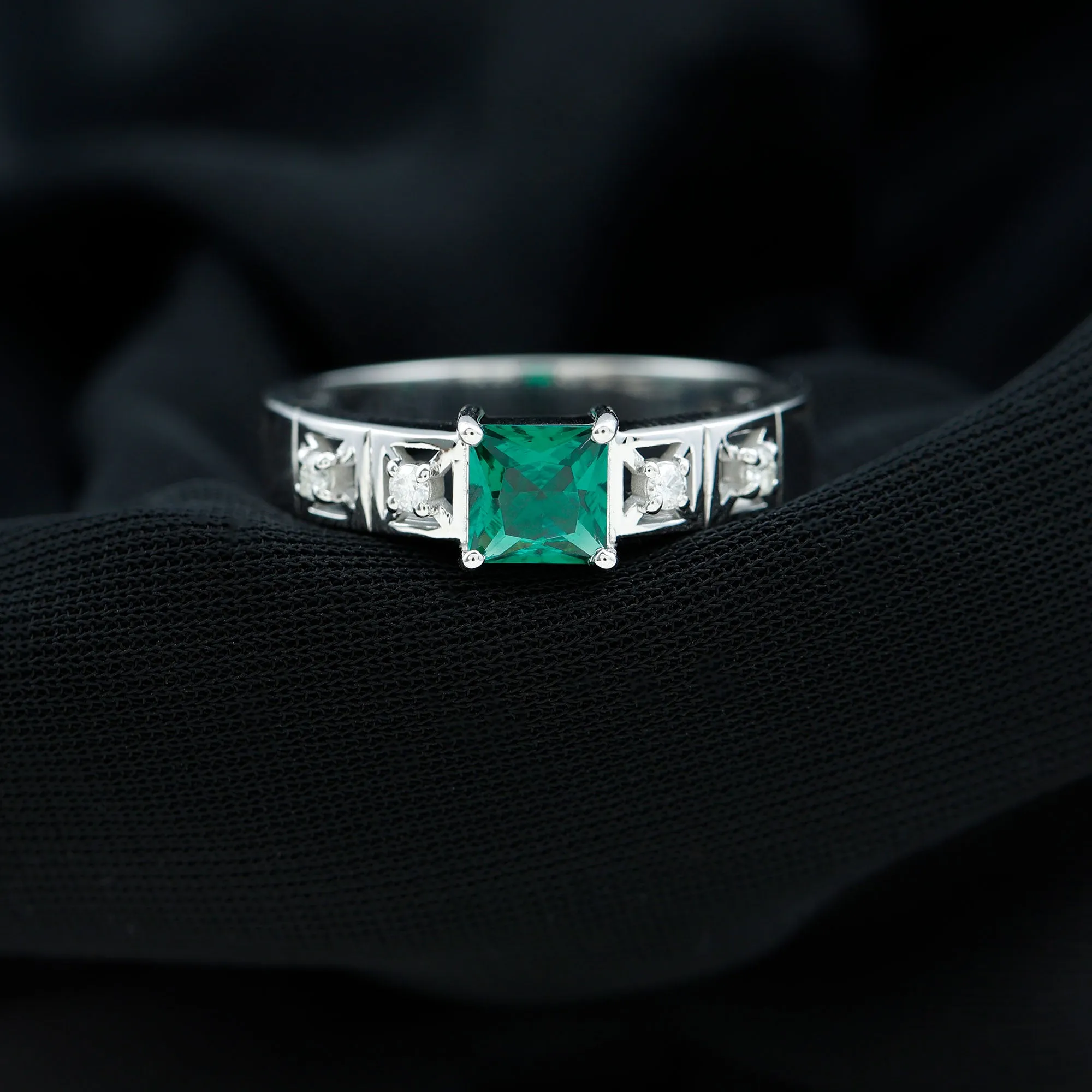 Princess Cut Lab Grown Emerald and Diamond Wedding Band Ring