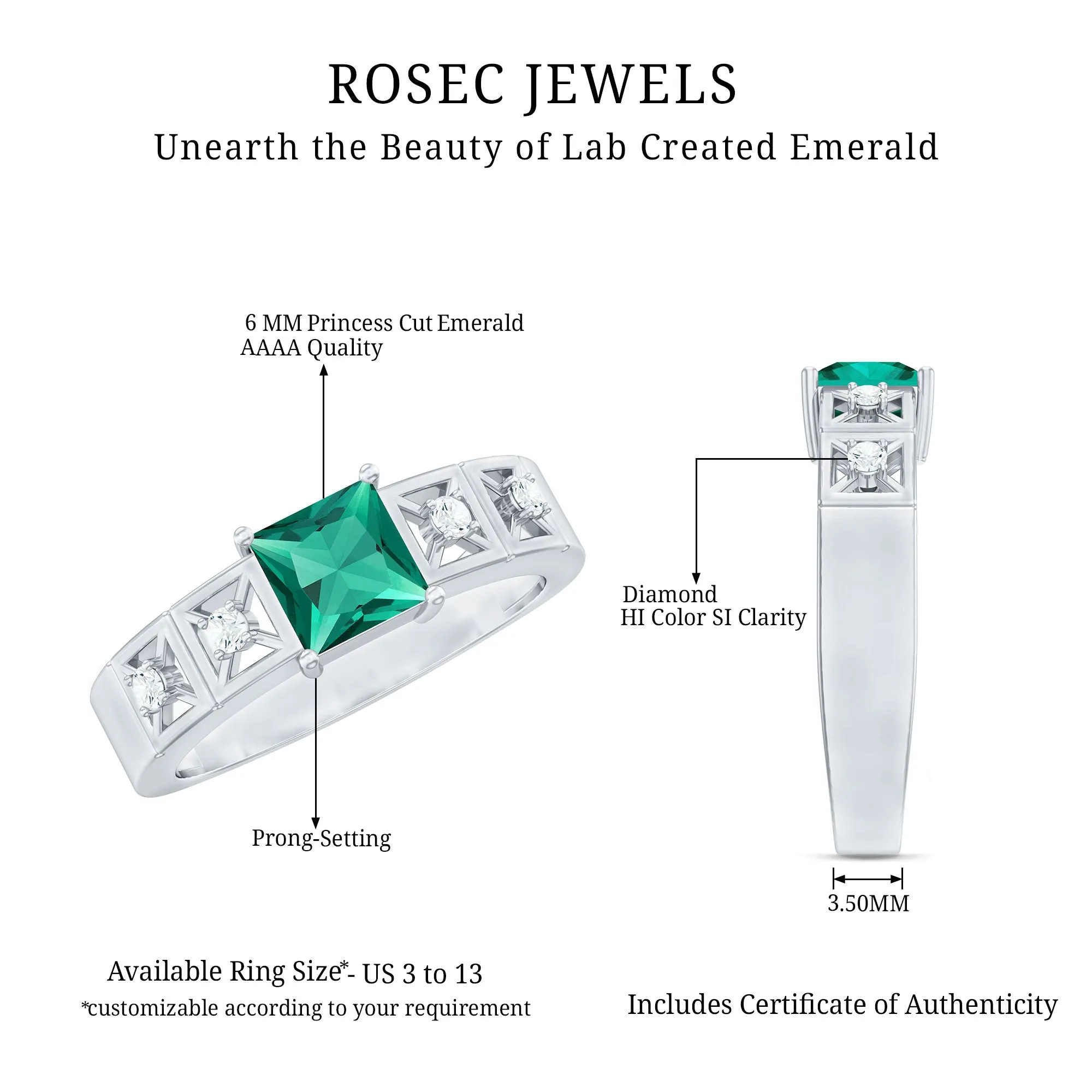 Princess Cut Lab Grown Emerald and Diamond Wedding Band Ring