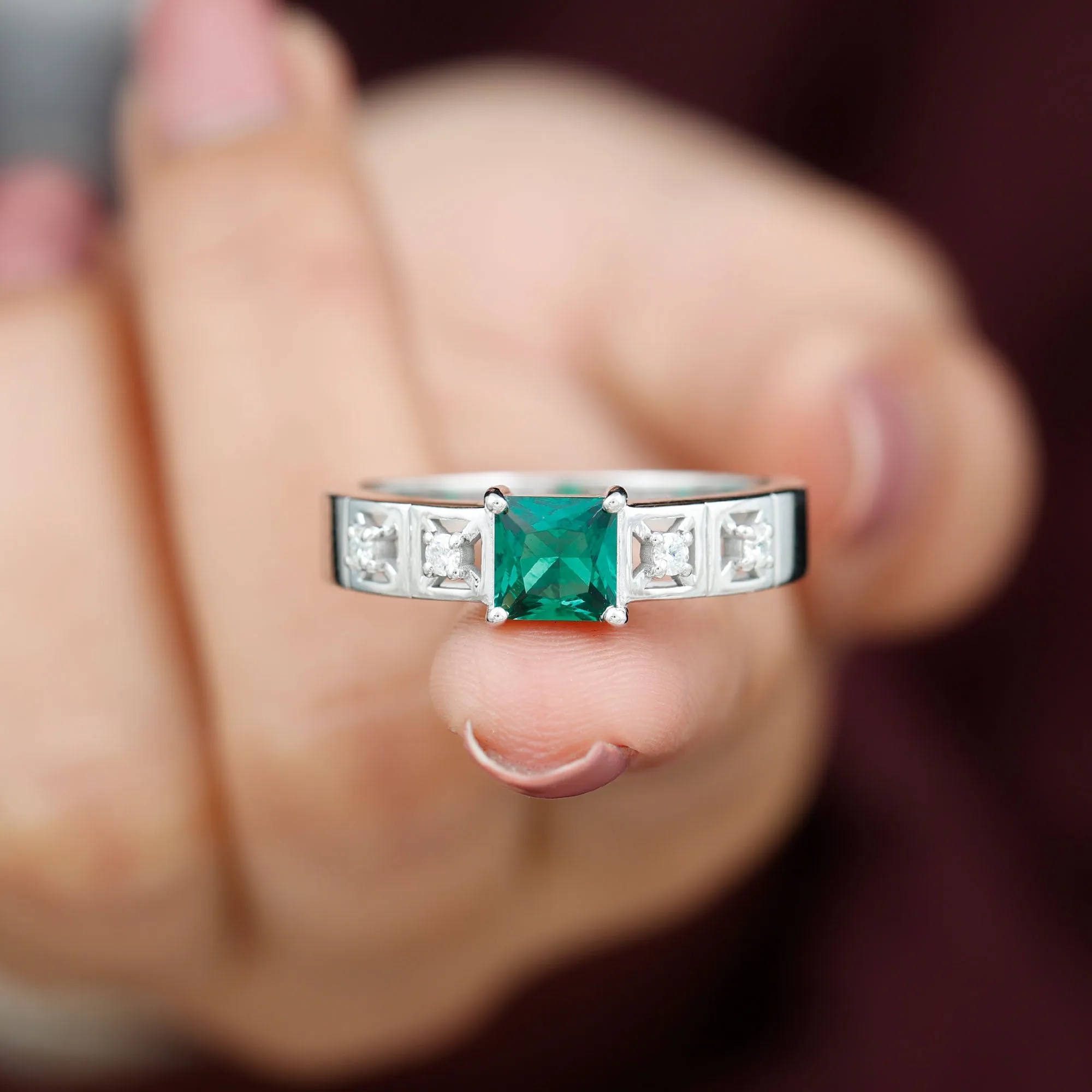 Princess Cut Lab Grown Emerald and Diamond Wedding Band Ring