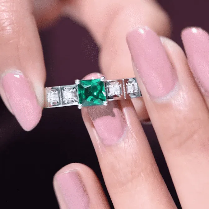 Princess Cut Lab Grown Emerald and Diamond Wedding Band Ring