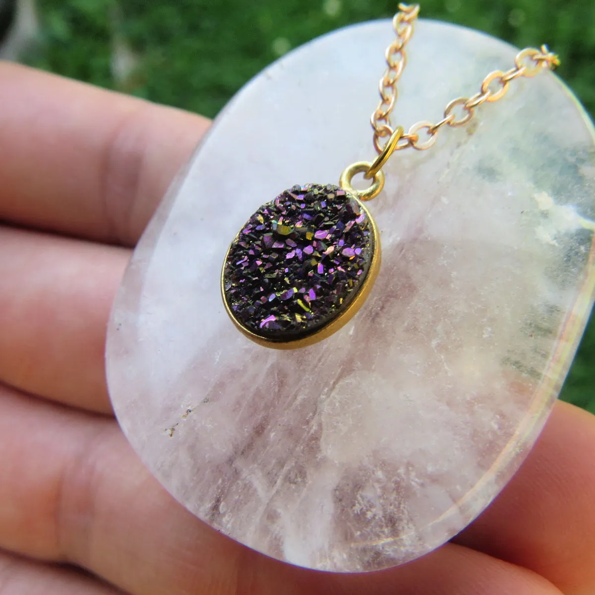 Purple Druzy Necklace in Gold | Titanium Quartz Crystal Necklace | Druzy Jewelry