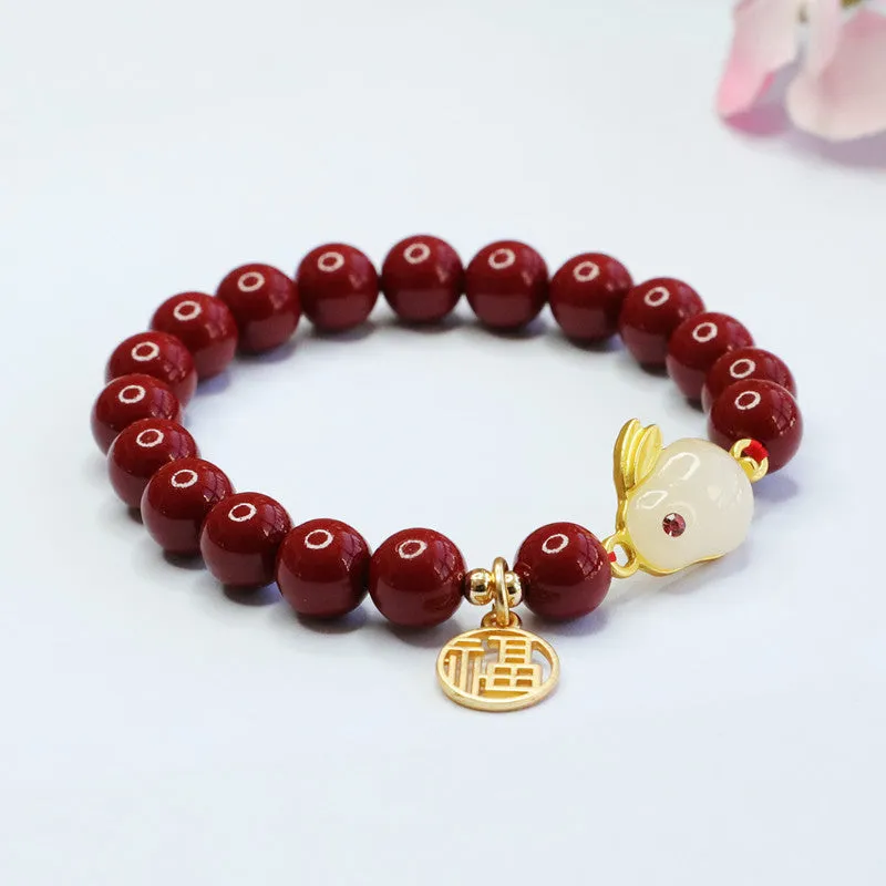 Purple Gold Sand Rabbit Jade Cinnabar Stone Bracelet - Sterling Silver