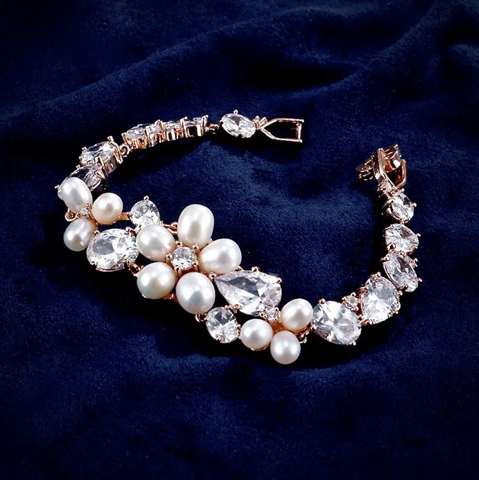 "Eloise" - Freshwater Pearl and Cubic Zirconia Bridal Bracelet - Available in Rose Gold and Silver