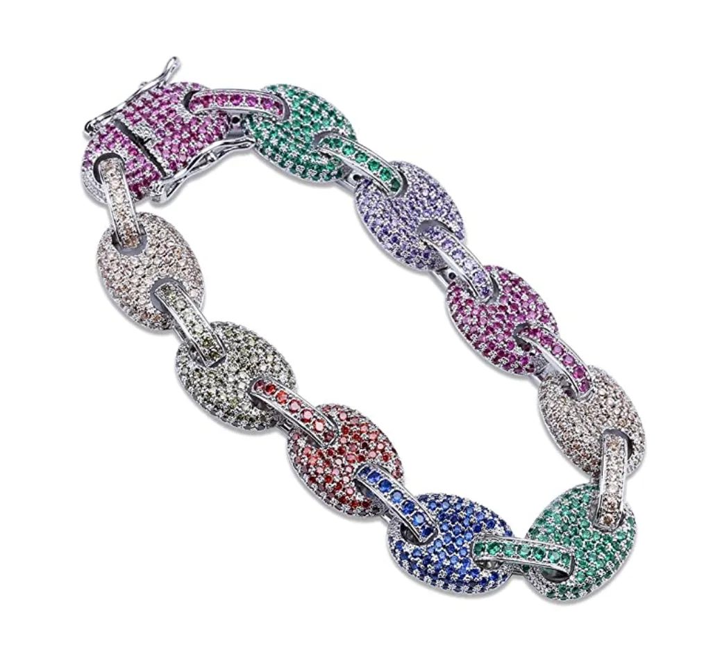 Rainbow Mariner Link Bracelet Hip Hop Gold Silver Color Bracelets Simulated Diamond Puff Link Anchor Bracelet