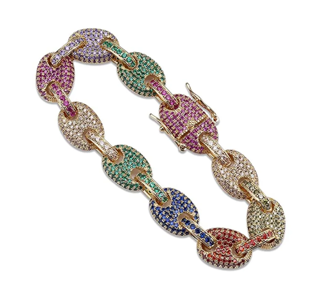 Rainbow Mariner Link Bracelet Hip Hop Gold Silver Color Bracelets Simulated Diamond Puff Link Anchor Bracelet