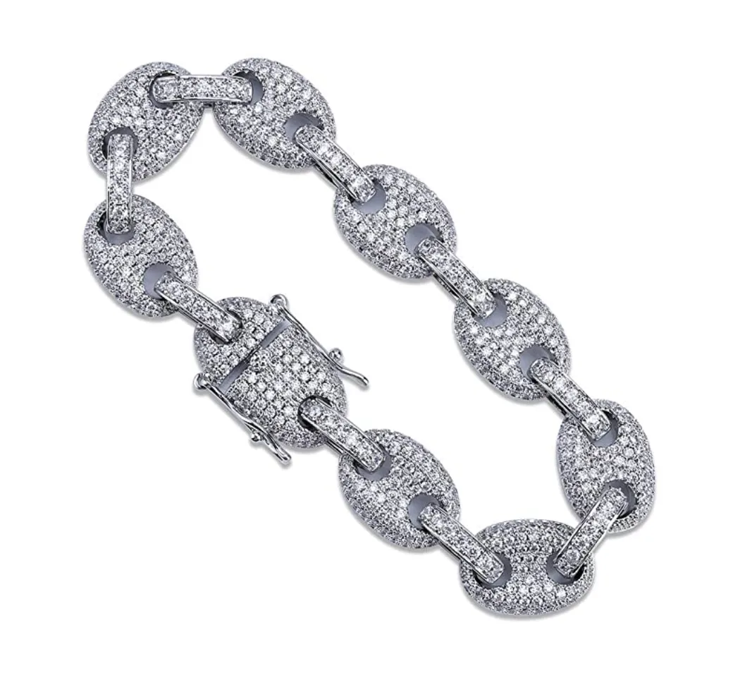 Rainbow Mariner Link Bracelet Hip Hop Gold Silver Color Bracelets Simulated Diamond Puff Link Anchor Bracelet