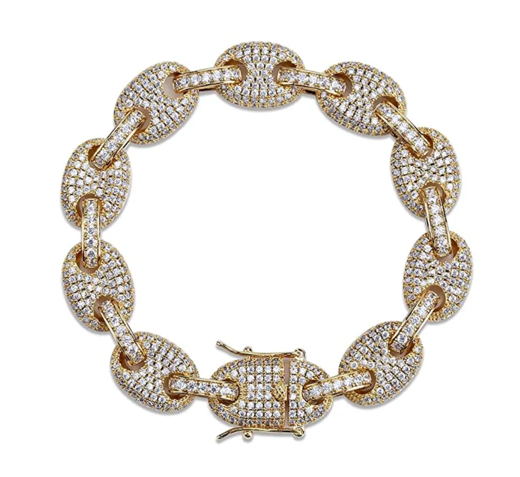Rainbow Mariner Link Bracelet Hip Hop Gold Silver Color Bracelets Simulated Diamond Puff Link Anchor Bracelet