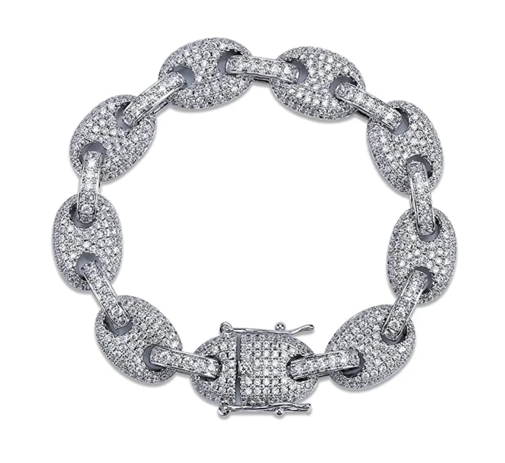 Rainbow Mariner Link Bracelet Hip Hop Gold Silver Color Bracelets Simulated Diamond Puff Link Anchor Bracelet