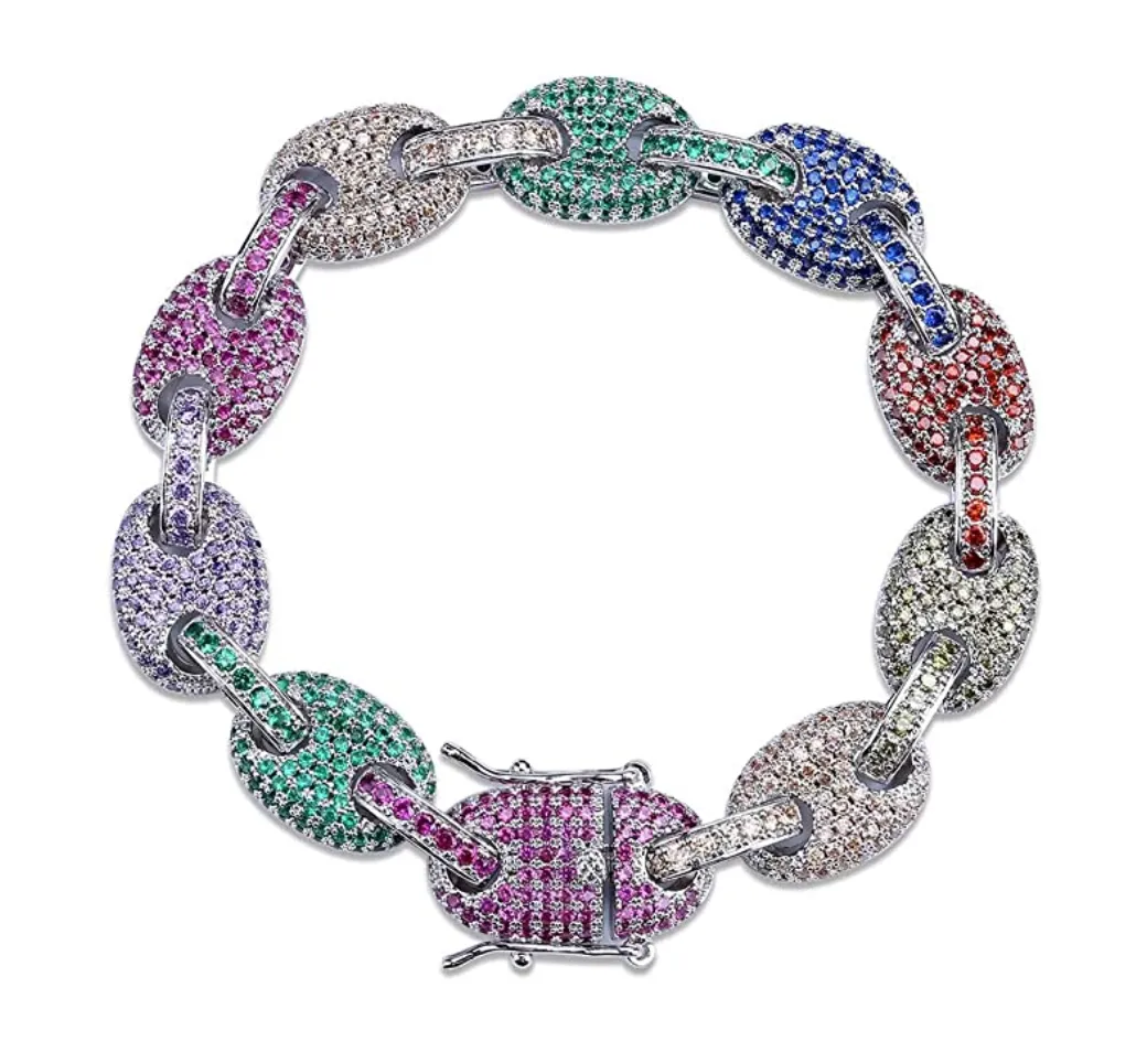 Rainbow Mariner Link Bracelet Hip Hop Gold Silver Color Bracelets Simulated Diamond Puff Link Anchor Bracelet