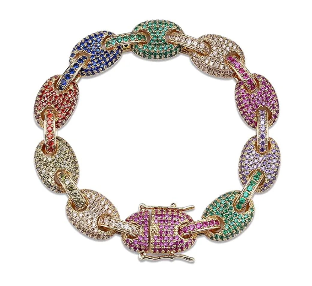 Rainbow Mariner Link Bracelet Hip Hop Gold Silver Color Bracelets Simulated Diamond Puff Link Anchor Bracelet