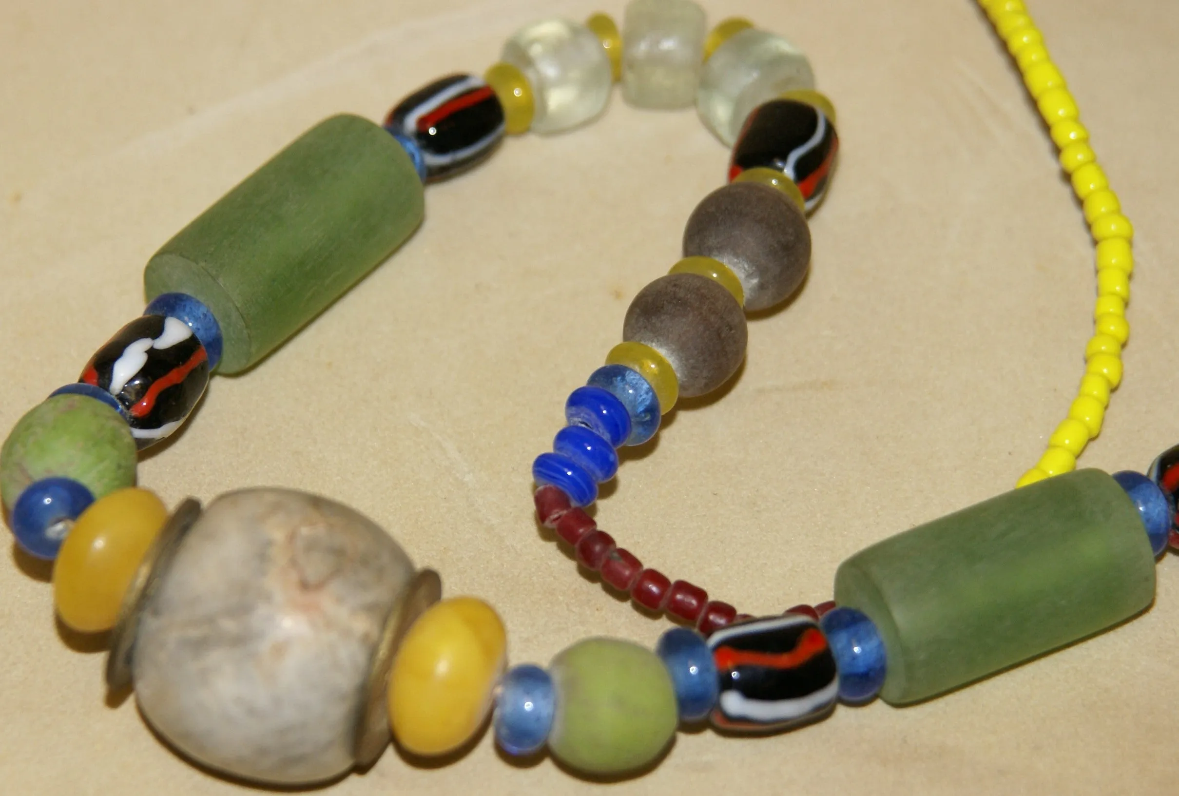 Rare Tribal Ethnic Dayak Iban Tribe Talisman Necklace: Antique Hand Crafted Magical Lukut Sekala , Old Trade Glass Beads, Amber beads, Stone Bead, Chinese Coins, collected in 1980’s Borneo Aristocrat Owner, Indonesia. NB3