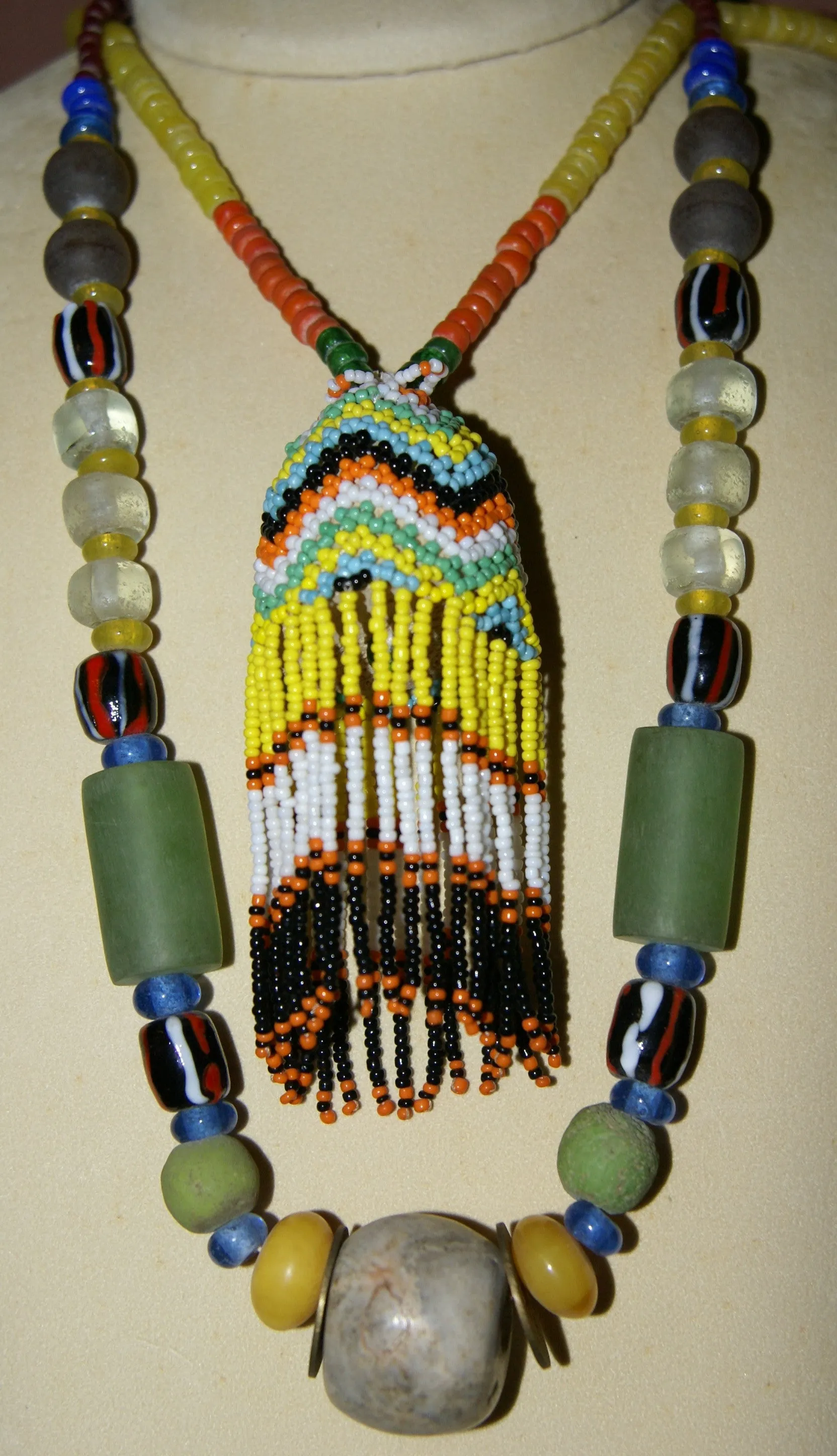 Rare Tribal Ethnic Dayak Iban Tribe Talisman Necklace: Antique Hand Crafted Magical Lukut Sekala , Old Trade Glass Beads, Amber beads, Stone Bead, Chinese Coins, collected in 1980’s Borneo Aristocrat Owner, Indonesia. NB3