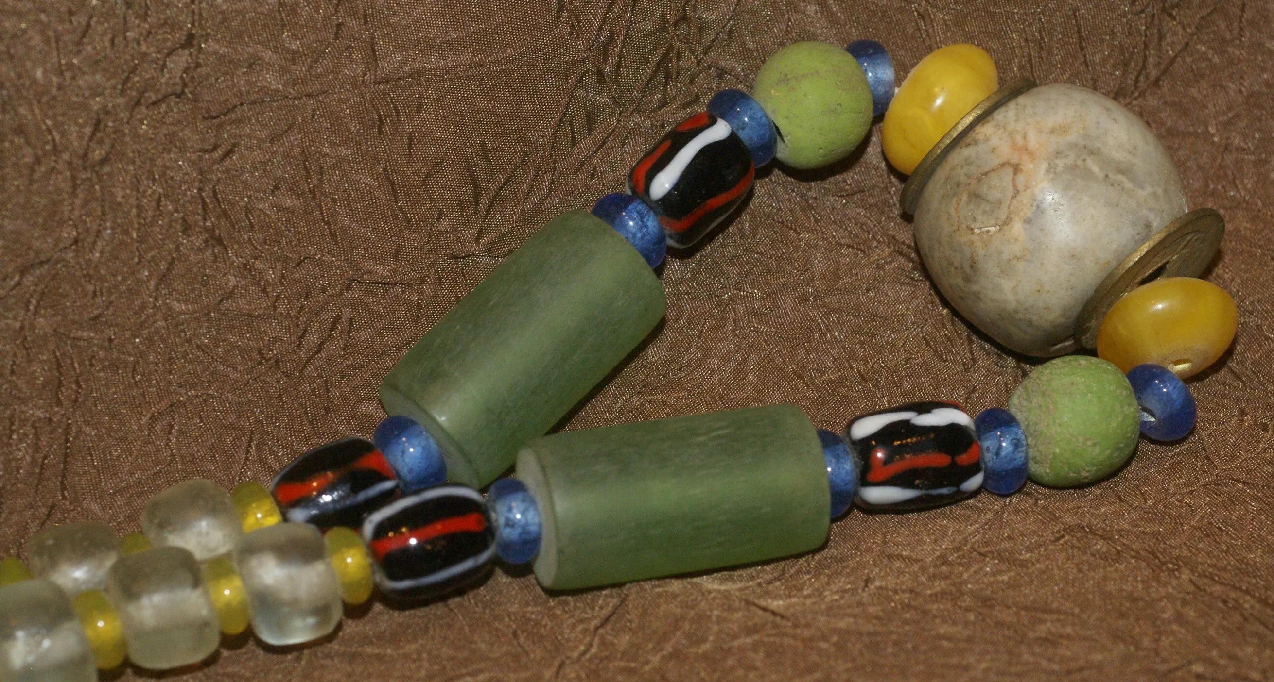 Rare Tribal Ethnic Dayak Iban Tribe Talisman Necklace: Antique Hand Crafted Magical Lukut Sekala , Old Trade Glass Beads, Amber beads, Stone Bead, Chinese Coins, collected in 1980’s Borneo Aristocrat Owner, Indonesia. NB3