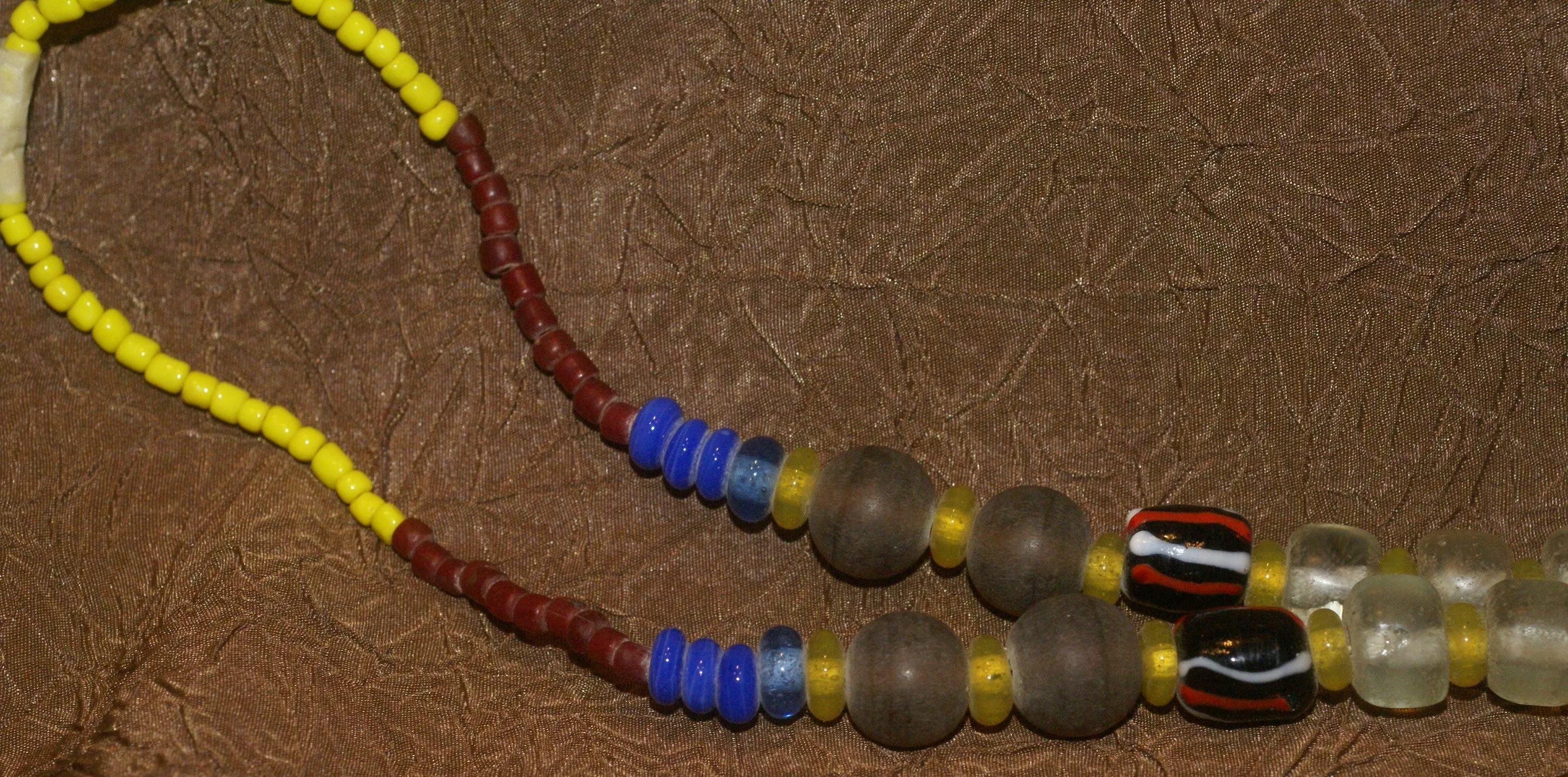 Rare Tribal Ethnic Dayak Iban Tribe Talisman Necklace: Antique Hand Crafted Magical Lukut Sekala , Old Trade Glass Beads, Amber beads, Stone Bead, Chinese Coins, collected in 1980’s Borneo Aristocrat Owner, Indonesia. NB3