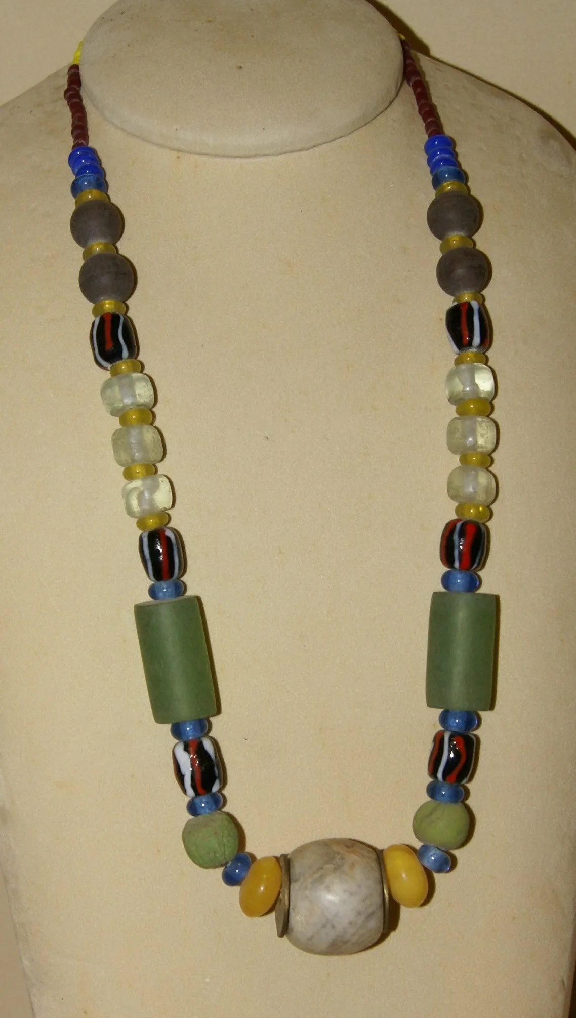 Rare Tribal Ethnic Dayak Iban Tribe Talisman Necklace: Antique Hand Crafted Magical Lukut Sekala , Old Trade Glass Beads, Amber beads, Stone Bead, Chinese Coins, collected in 1980’s Borneo Aristocrat Owner, Indonesia. NB3