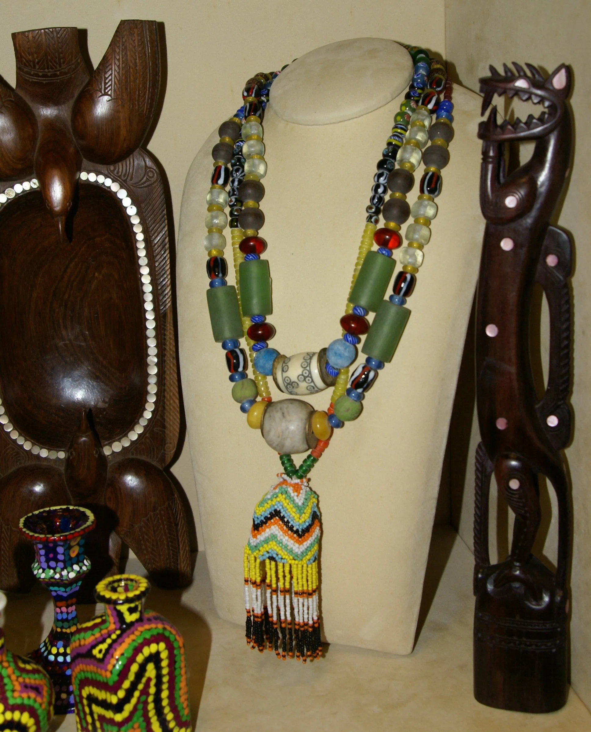 Rare Tribal Ethnic Dayak Iban Tribe Talisman Necklace: Antique Hand Crafted Magical Lukut Sekala , Old Trade Glass Beads, Amber beads, Stone Bead, Chinese Coins, collected in 1980’s Borneo Aristocrat Owner, Indonesia. NB3