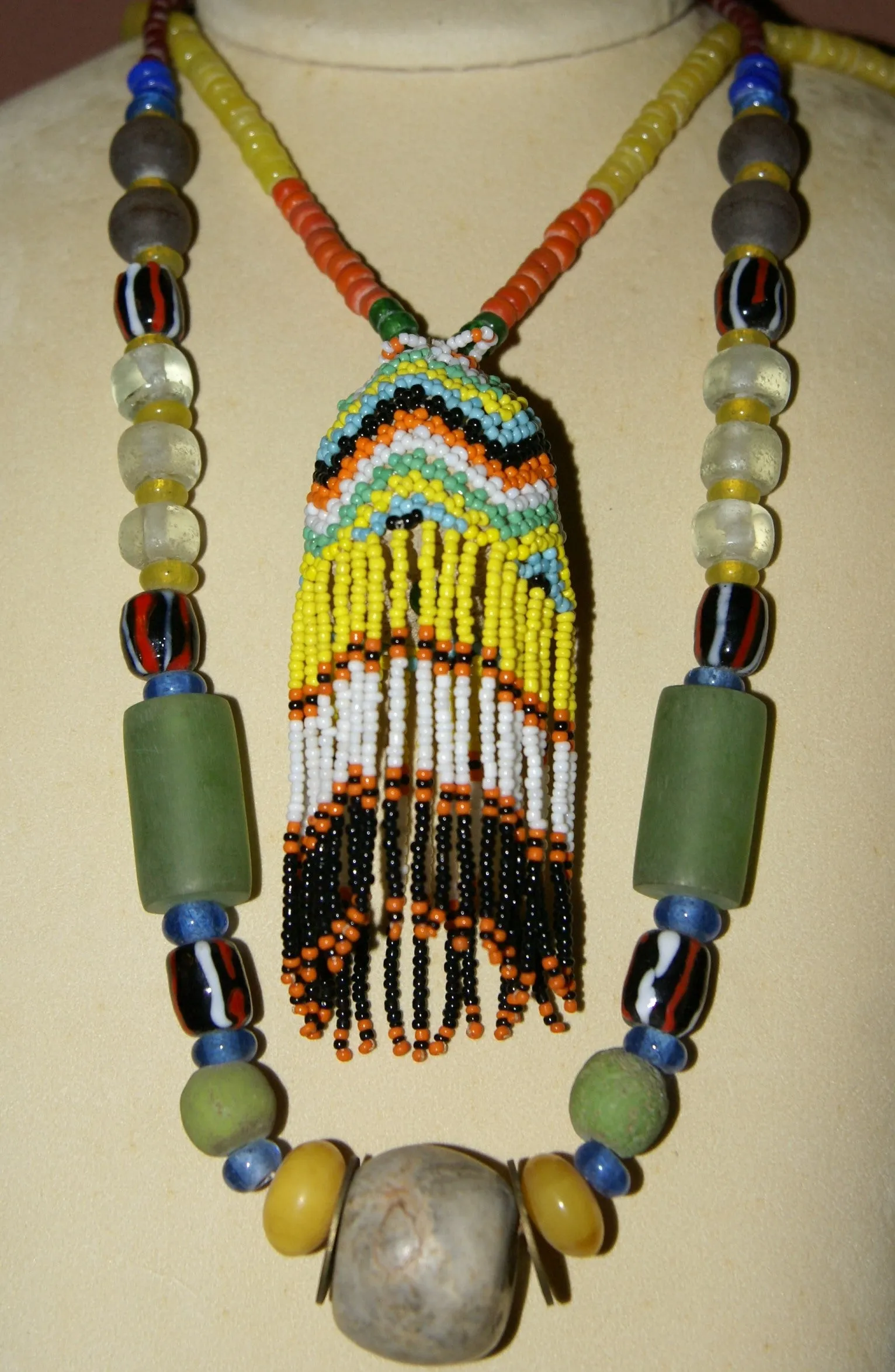 Rare Tribal Ethnic Dayak Iban Tribe Talisman Necklace: Antique Hand Crafted Magical Lukut Sekala , Old Trade Glass Beads, Amber beads, Stone Bead, Chinese Coins, collected in 1980’s Borneo Aristocrat Owner, Indonesia. NB3