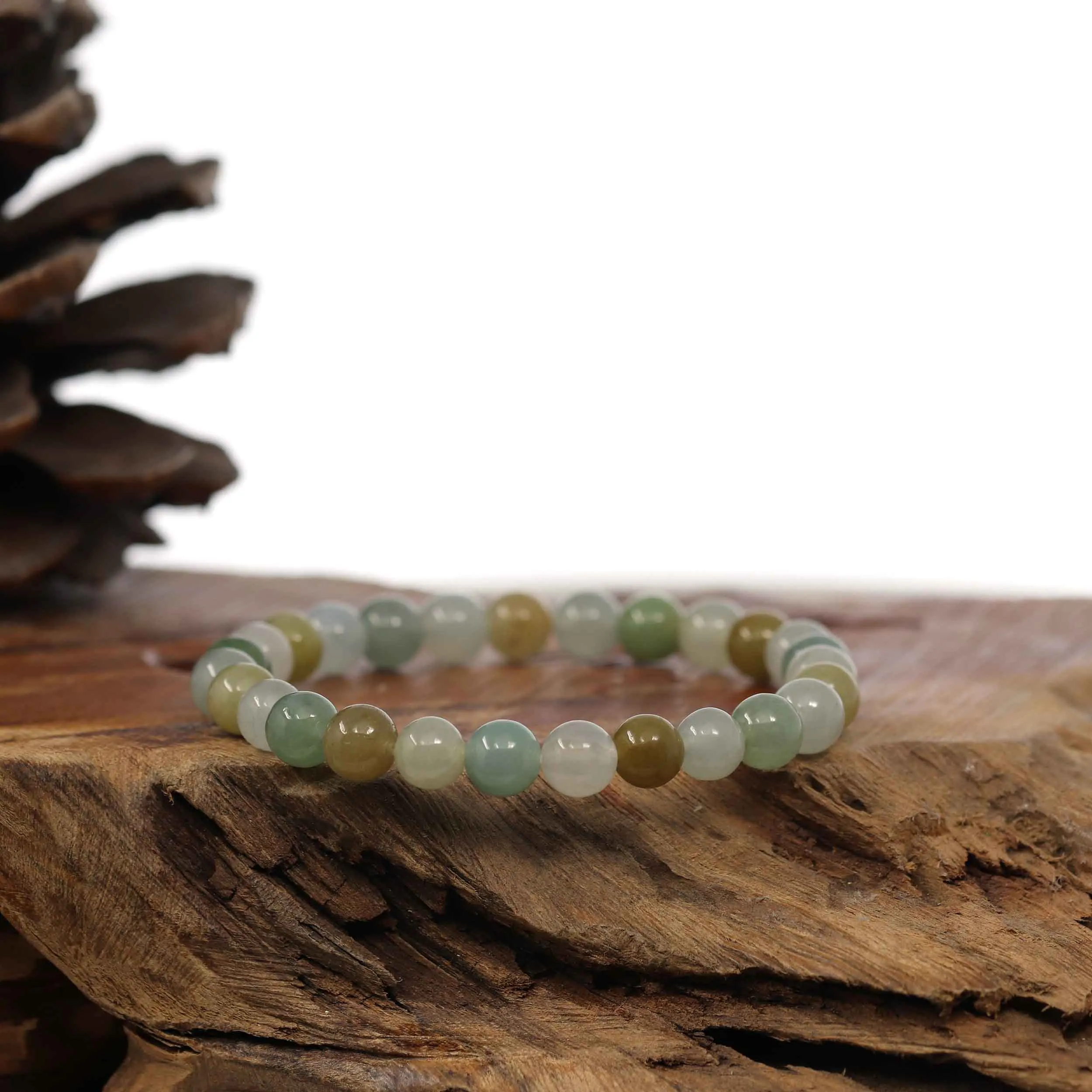 RealJade® Co. Genuine Jadeite Jade Round Ice Multiple Colors Beads Bracelet (7 mm)