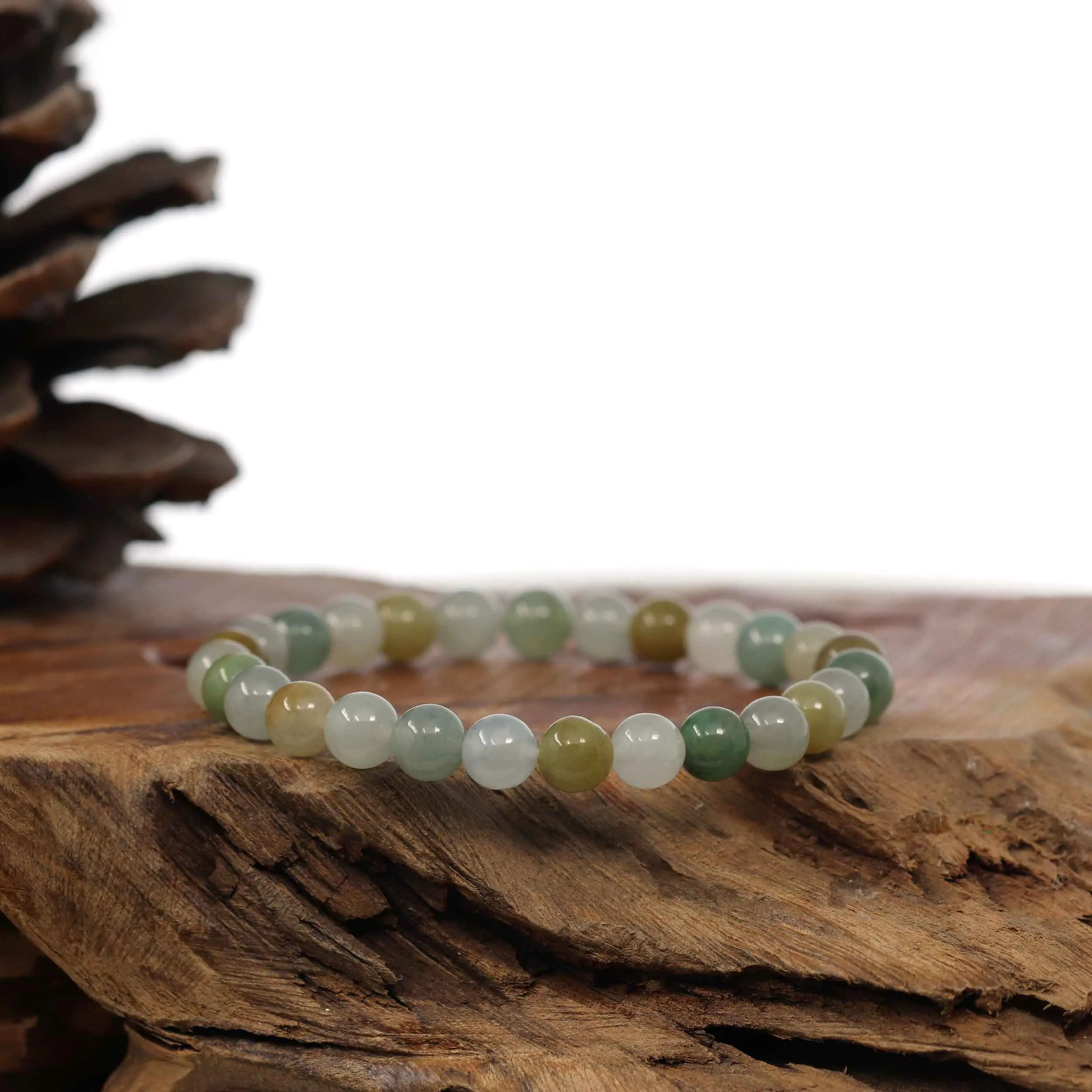 RealJade® Co. Genuine Jadeite Jade Round Ice Multiple Colors Beads Bracelet (7 mm)