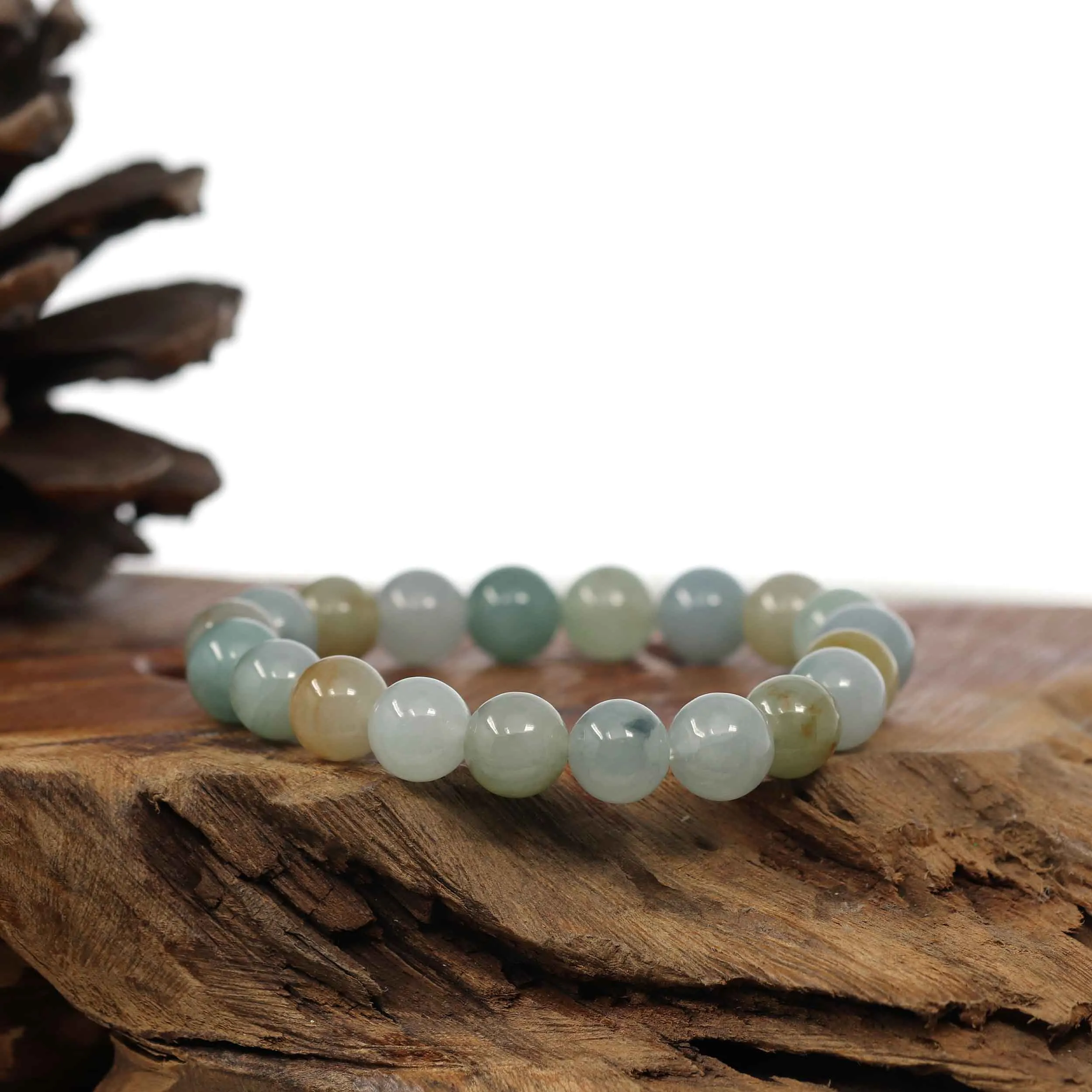 RealJade® Co. Genuine Jadeite Jade Round Ice Multiple Colors Beads Bracelet (9.5 mm)
