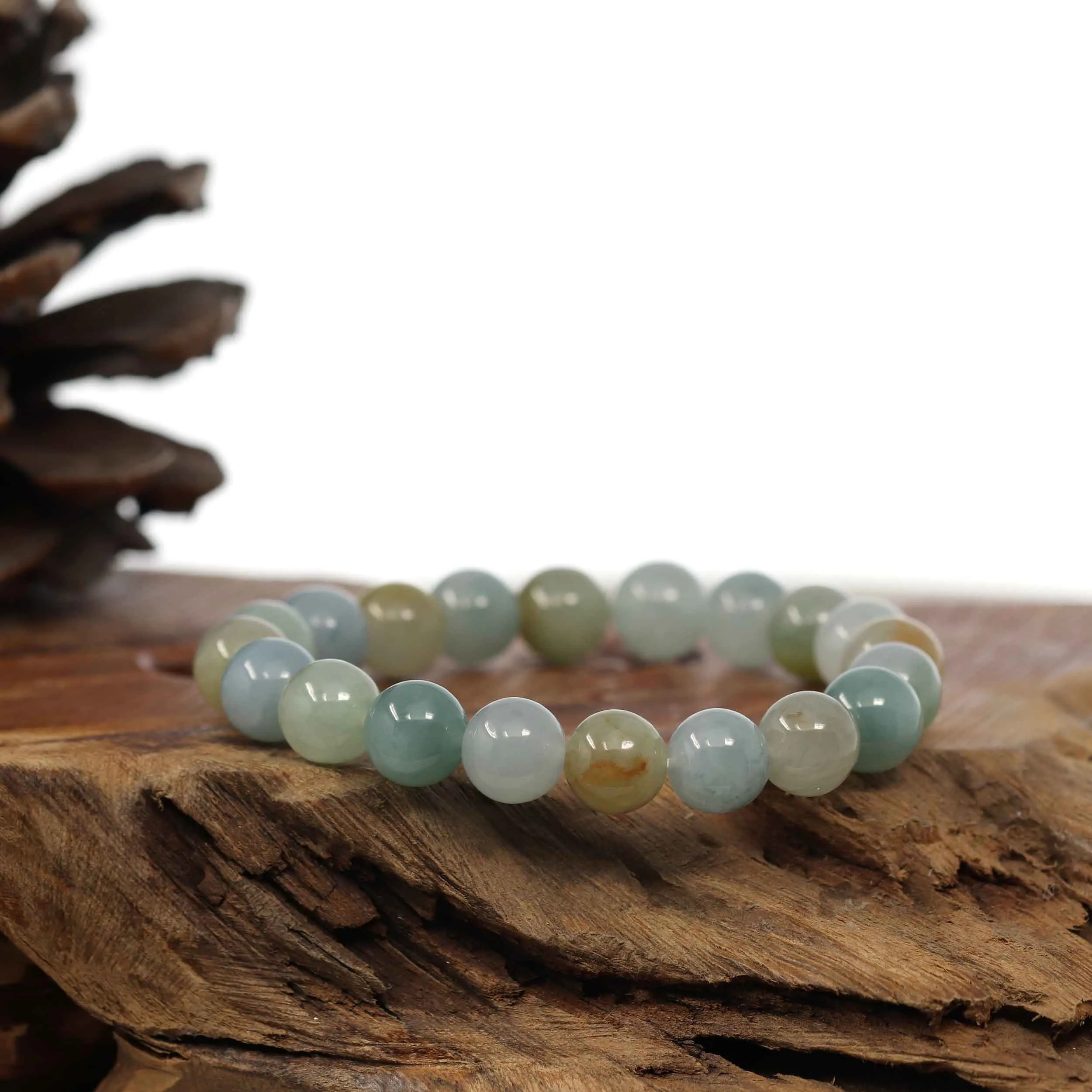 RealJade® Co. Genuine Jadeite Jade Round Ice Multiple Colors Beads Bracelet (9.5 mm)