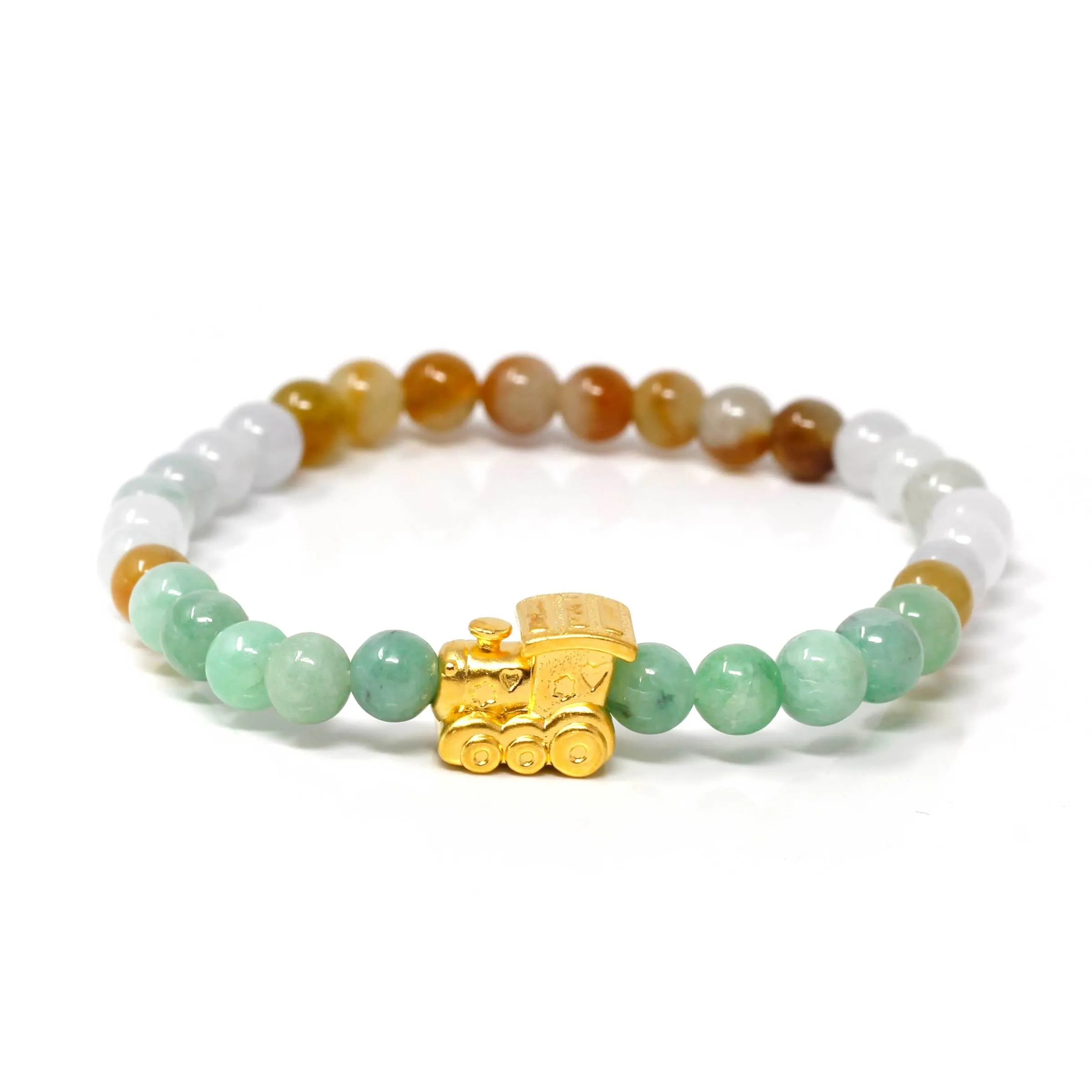 RealJade® "Train Engine" Multi-Colored Genuine High-quality Jade Jadeite Bracelet Bangle with 24k Yellow Gold Train Engine Charm Colorful #423