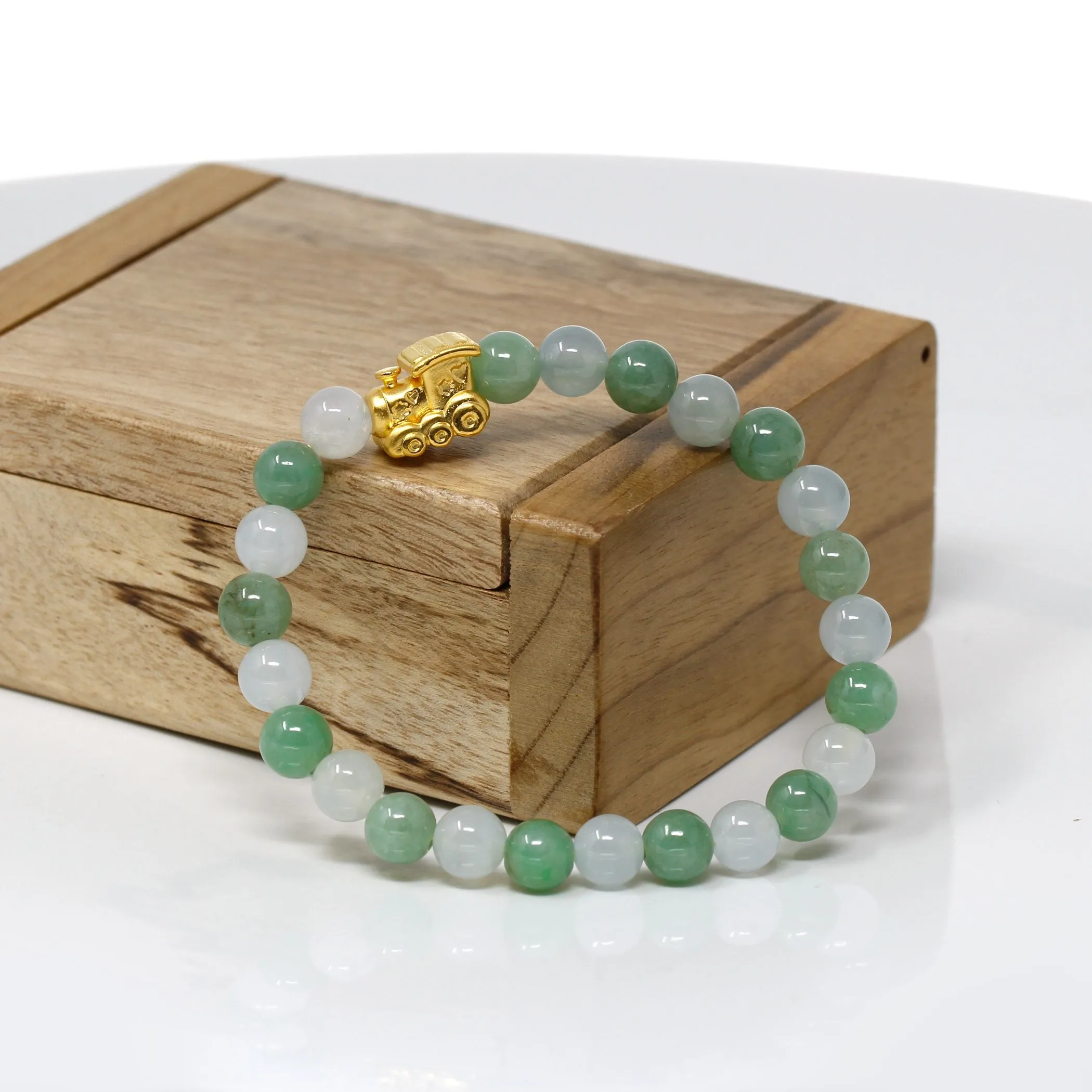 RealJade® "Train" Genuine High-quality Jade Jadeite Bracelet Bangle with 24k Yellow Gold Train Engine Charm #424