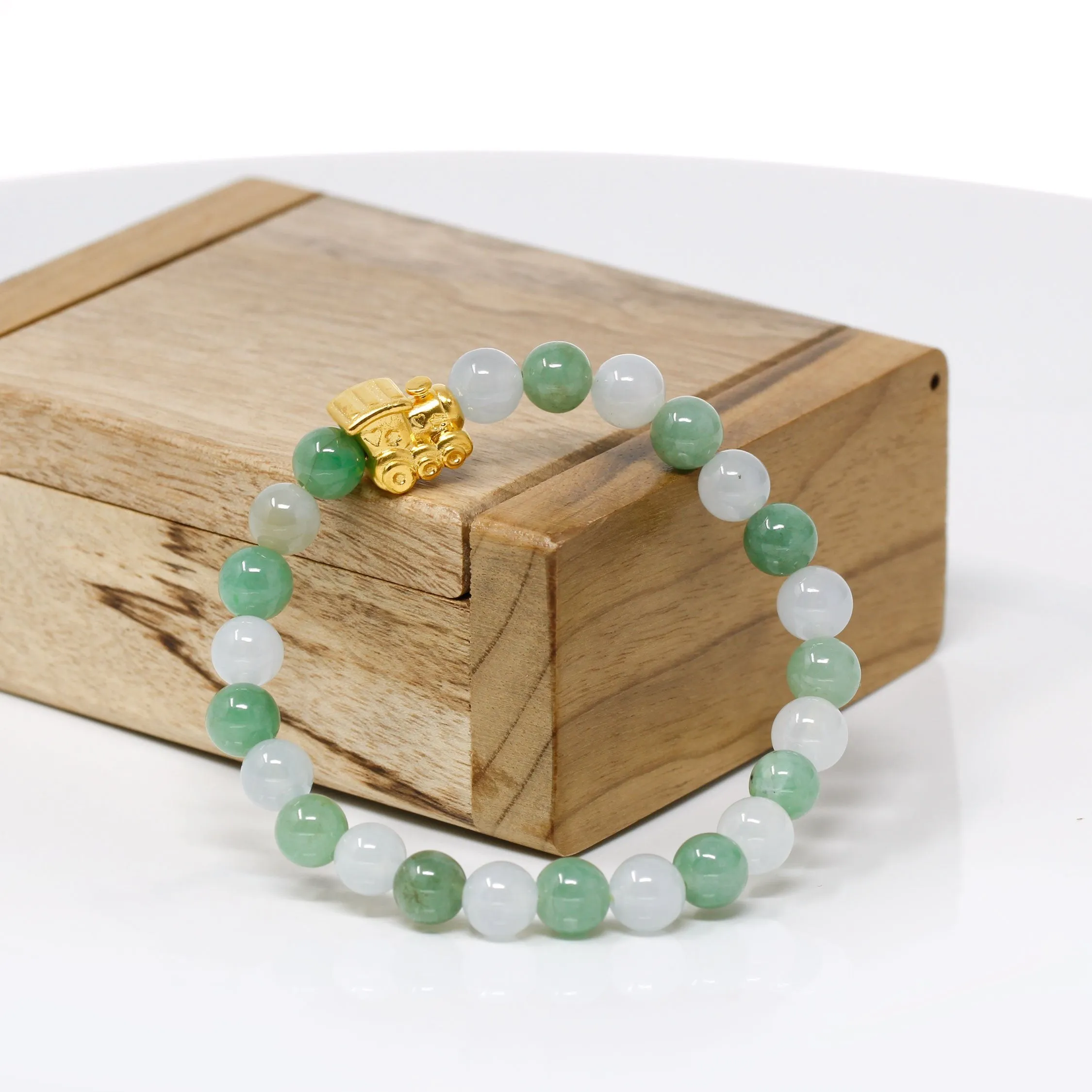 RealJade® "Train" Genuine High-quality Jade Jadeite Bracelet Bangle with 24k Yellow Gold Train Engine Charm #424