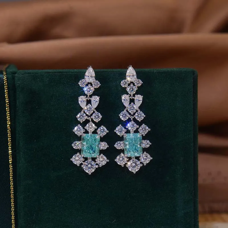 Rectangular Green Zircon Flower Tassel Drop Earrings