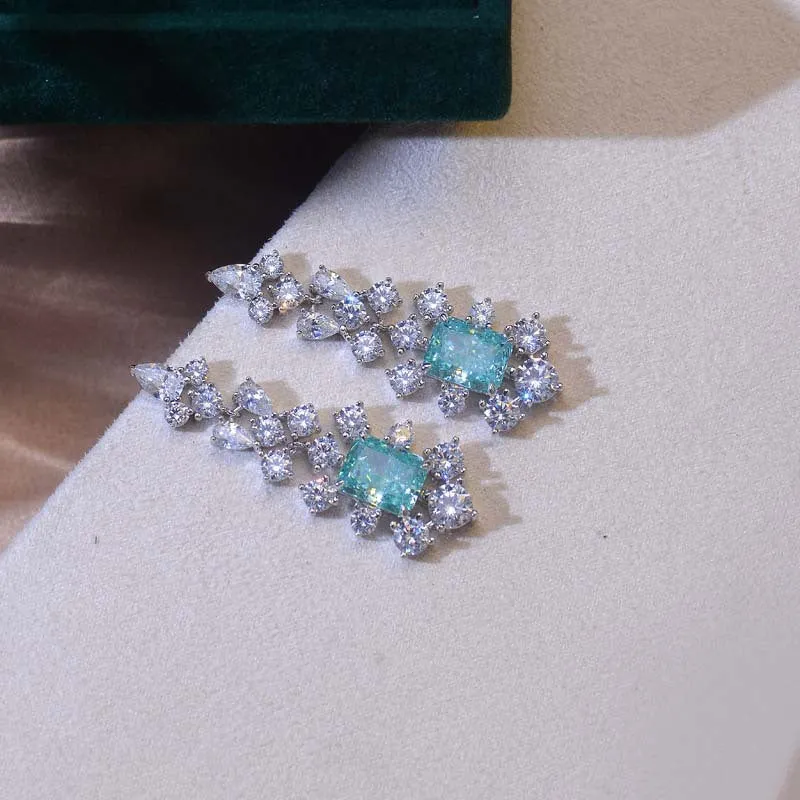Rectangular Green Zircon Flower Tassel Drop Earrings