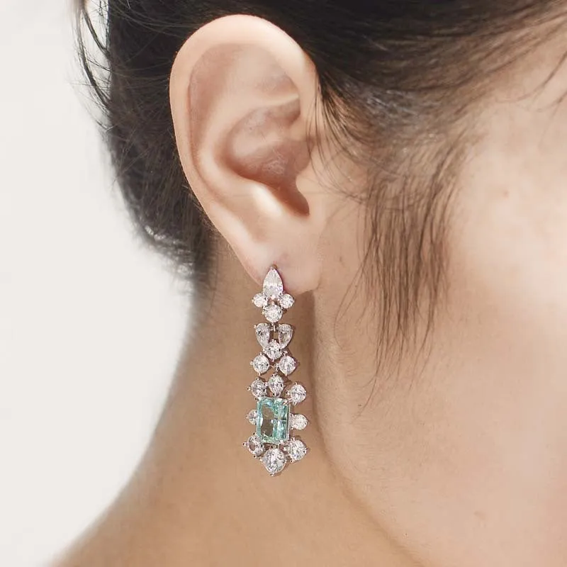 Rectangular Green Zircon Flower Tassel Drop Earrings