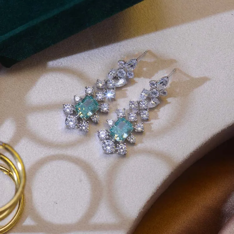 Rectangular Green Zircon Flower Tassel Drop Earrings