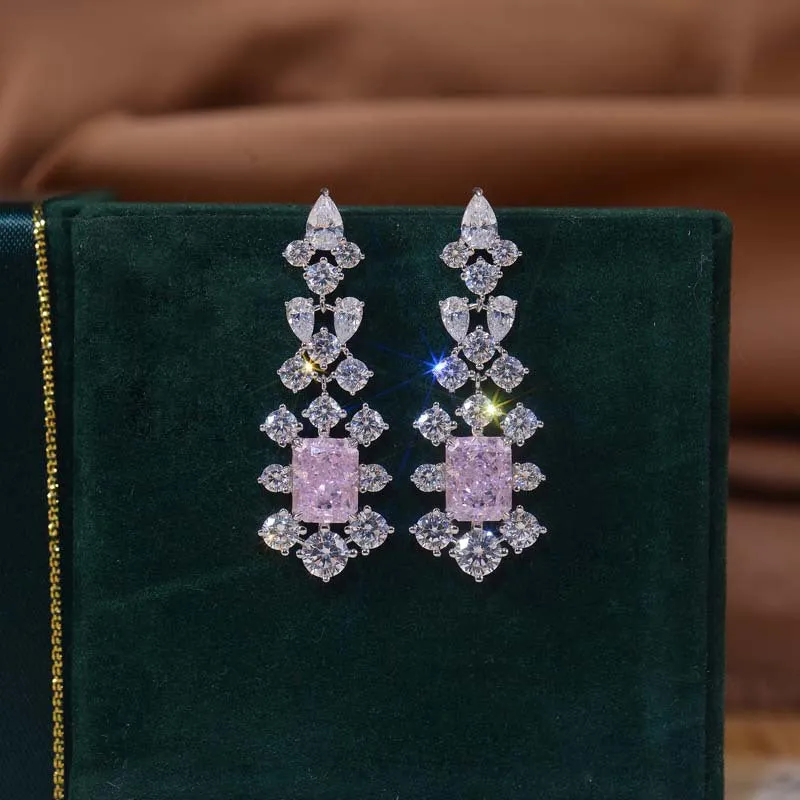 Rectangular Pink Zircon Flower Tassel Drop Earrings