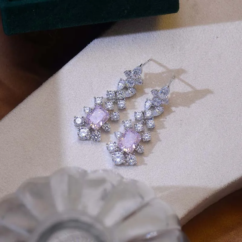 Rectangular Pink Zircon Flower Tassel Drop Earrings