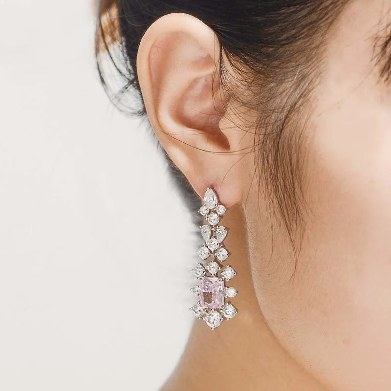 Rectangular Pink Zircon Flower Tassel Drop Earrings