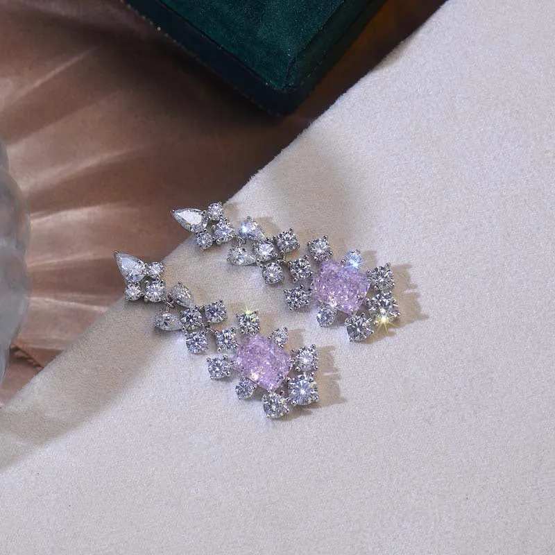Rectangular Pink Zircon Flower Tassel Drop Earrings