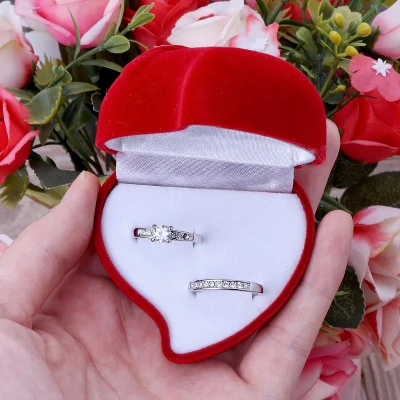 Red Heart-Shaped Velvet Double Ring Box